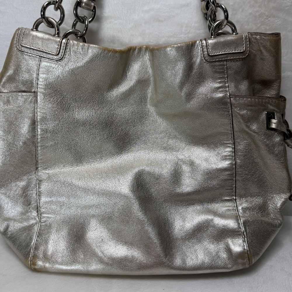 VTG Coach‎ Metallic Silver Leather Hobo Tote Bag 14525 Polka Dot Lining Y2K